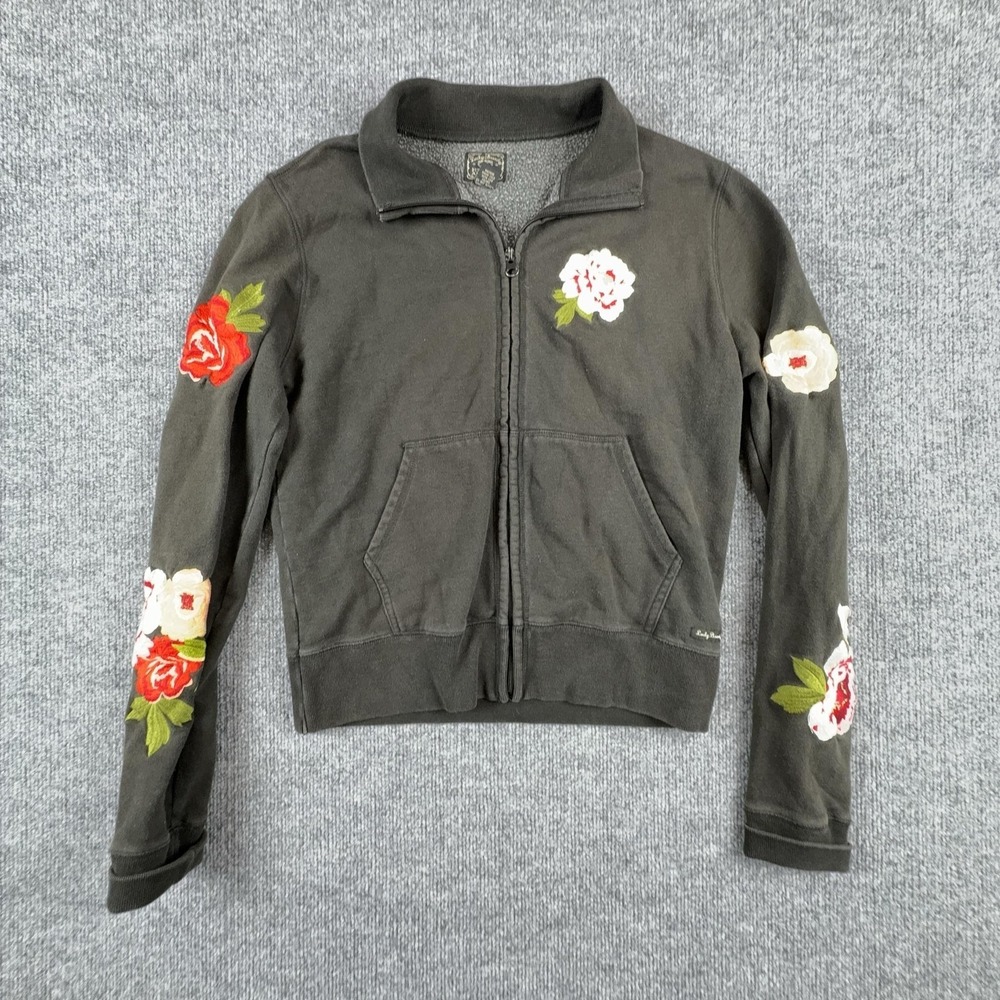 Lucky Brand Jacket Womens Large Gray Floral Embroidered Full Zip Fleece Short